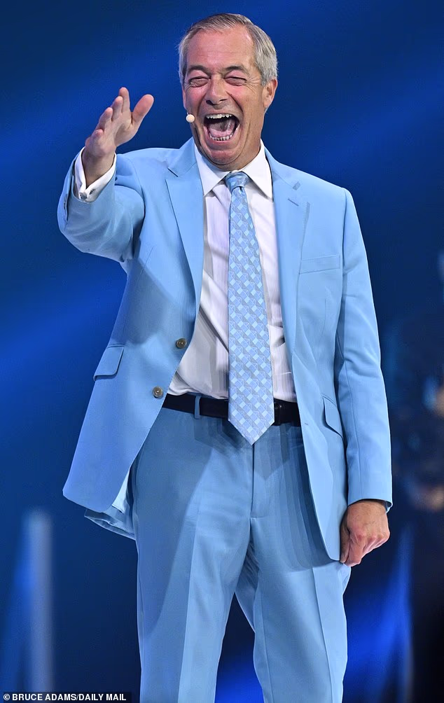 Reform UK leader Nigel Farage pictured giving a speech at party conference on September 5, 2026
