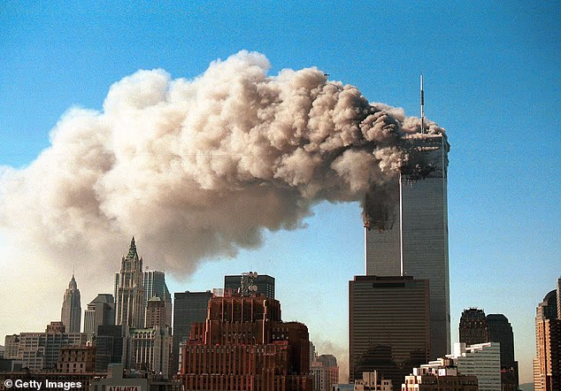 the twin towers of the World Trade Center after they were hit by two hijacked airliners in a terrorist attack September 11, 2001 in New York City