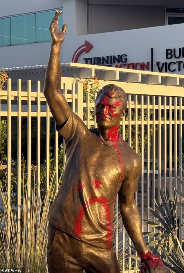 The Charlie Kirk statue outside the Turning Point USA headquarters in Phoenix, Arizona, was vandalized on Sunday morning