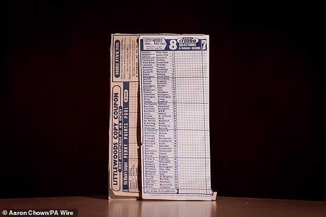 A Littlewoods football pools coupon from 1957 was also discovered