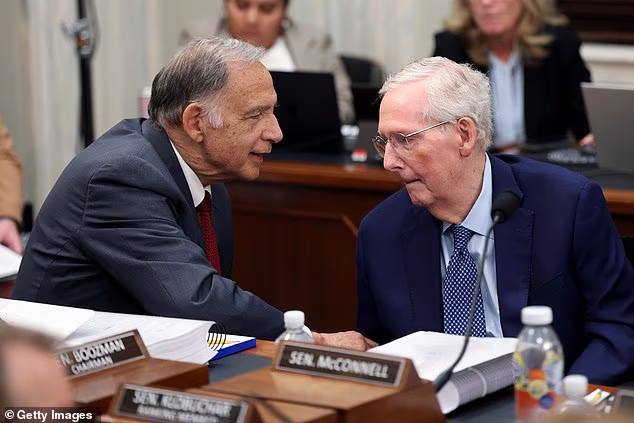 Chairman of the Senate Agriculture Committee John Boozman greets Senator Mitch McConnell as he arrives for an Agriculture Committee meeting on Wednesday in Washington, DC. McConnell returned to the Agriculture Committee after a three-month absence, casting a vote to advance the Agricultural Act of 2026
