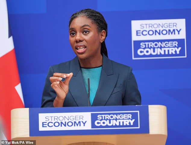 Kemi Badenoch is seen during a visit to Global Technologies Racing in Fontwell, West Sussex, earlier this month
