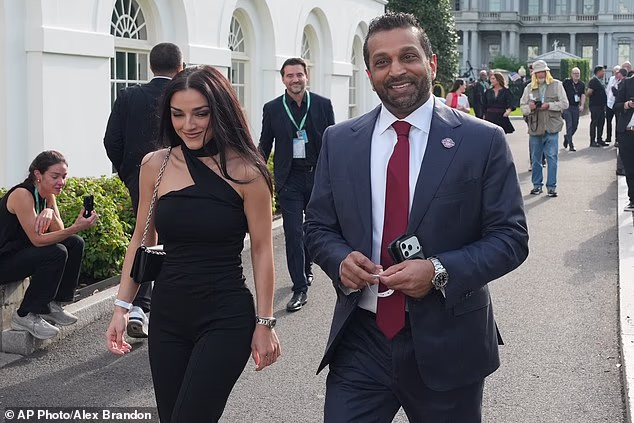 FBI director Kash Patel and Alexis Wilkins arrive at the White House ahead of the UFC Freedom 250 on the South Lawn, Sunday, June 14