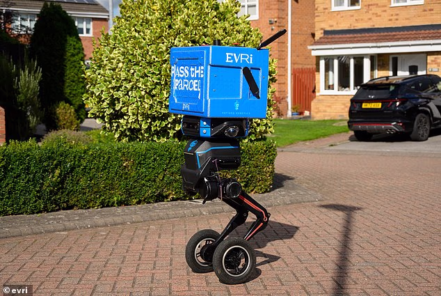 Your next parcel could be delivered by a two-legged robot, as Evri starts Europe's first trial of bipedal bots (pictured)