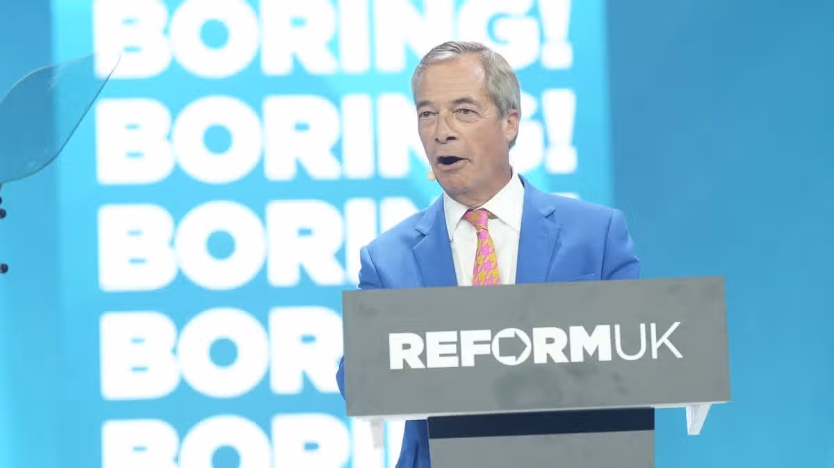 Nigel Farage on stage during his speech
