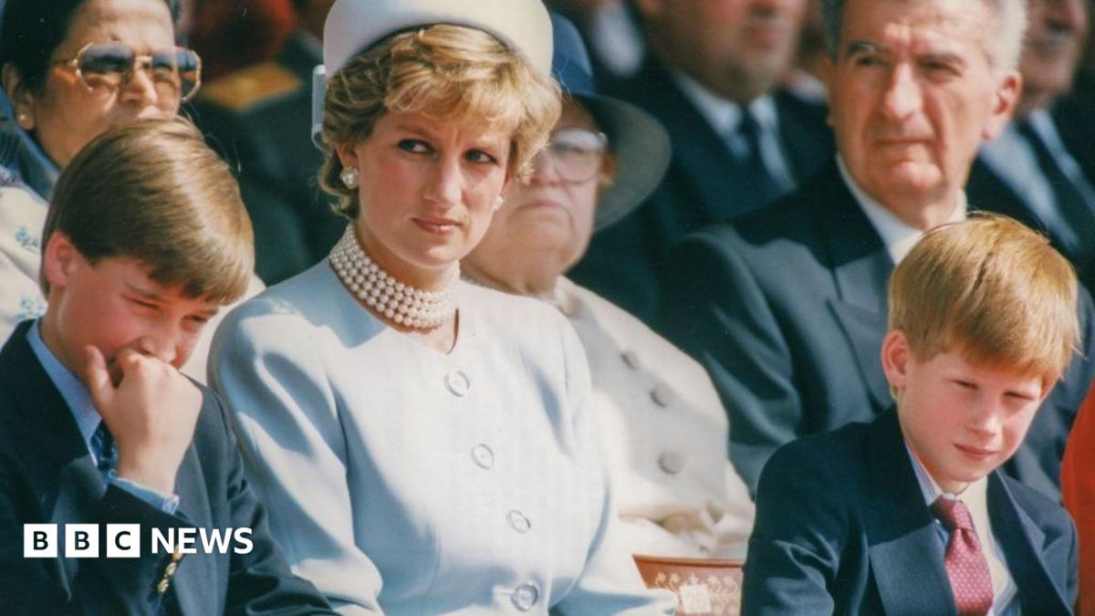 Princess Diana, wearing a light blue dress and hat, sits in between a young Prince William on the left (holding his hand to his mouth) and Harry to the right. Diana is looking into the distance to the left.