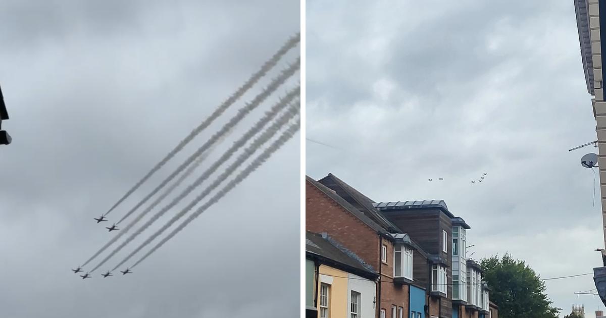 The Red Arrows RAF team flyby over York city centre