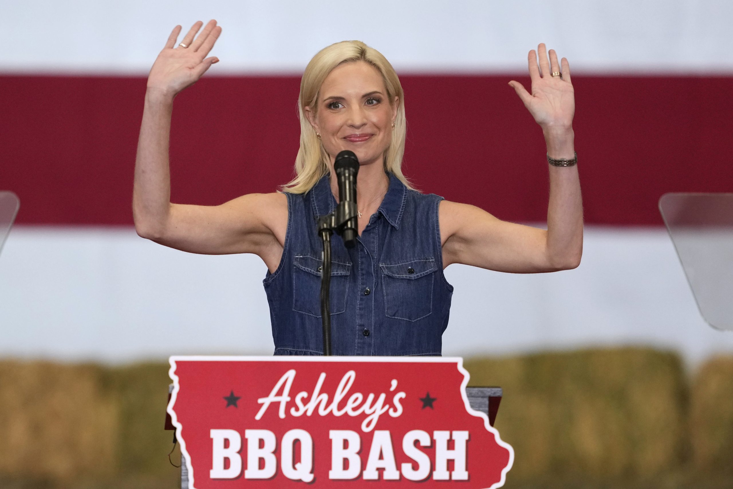 Iowa GOP Senate candidate, Rep. Ashley Hinson, speaks during a BBQ fundraiser on Aug. 29, 2026.