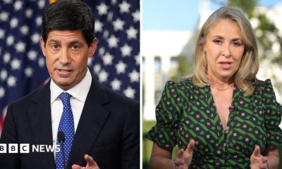 A split screen of a man in a blue tie on the left and a woman in a green and pink dress on the right.