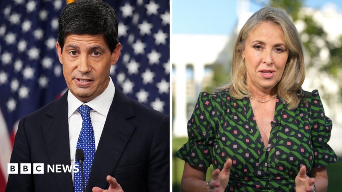 A split screen of a man in a blue tie on the left and a woman in a green and pink dress on the right.