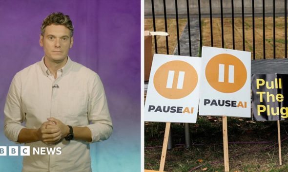 On the left, Joe Tidy. On the right, two signs saying PAUSE AI and another that says Pull The Plug.