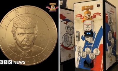 Split screen. Left, image of the Trump coin is seen. Right, coin vending machine