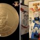 Split screen. Left, image of the Trump coin is seen. Right, coin vending machine