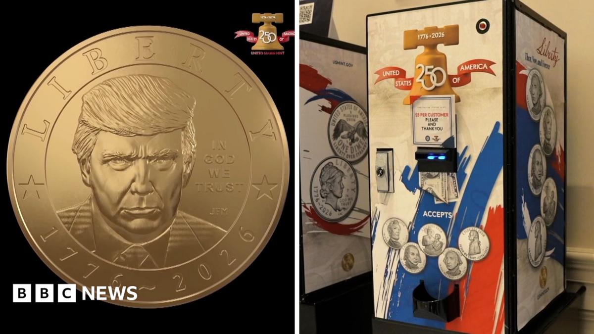 Split screen. Left, image of the Trump coin is seen. Right, coin vending machine
