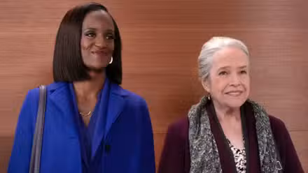 Skye P. Marshall as Olympia smiling in an elevator next to Kathy Bates as Matty Matlock in Matlock Season 2