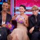 Left to right: Johannes Radebe, Emma Willis and Josh Widdicombe sit in a line on a sofa.
