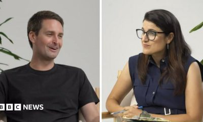Evan Spiegel, a man with short hair, wears the glasses. They are a bit like goggles mixed with large aviator sunglasses.