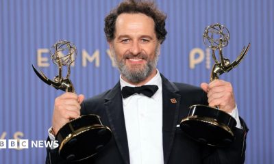Matthew Rhys, winner of the Outstanding Lead Actor in a Comedy Series Award for "Widow's Bay" and the Outstanding Lead Actor in a Limited or Anthology Series or Movie Award for "The Beast in Me" poses in the press room during the 78th Primetime Emmy Awards at Peacock Theater on September 14, 2026 in Los Angeles, California