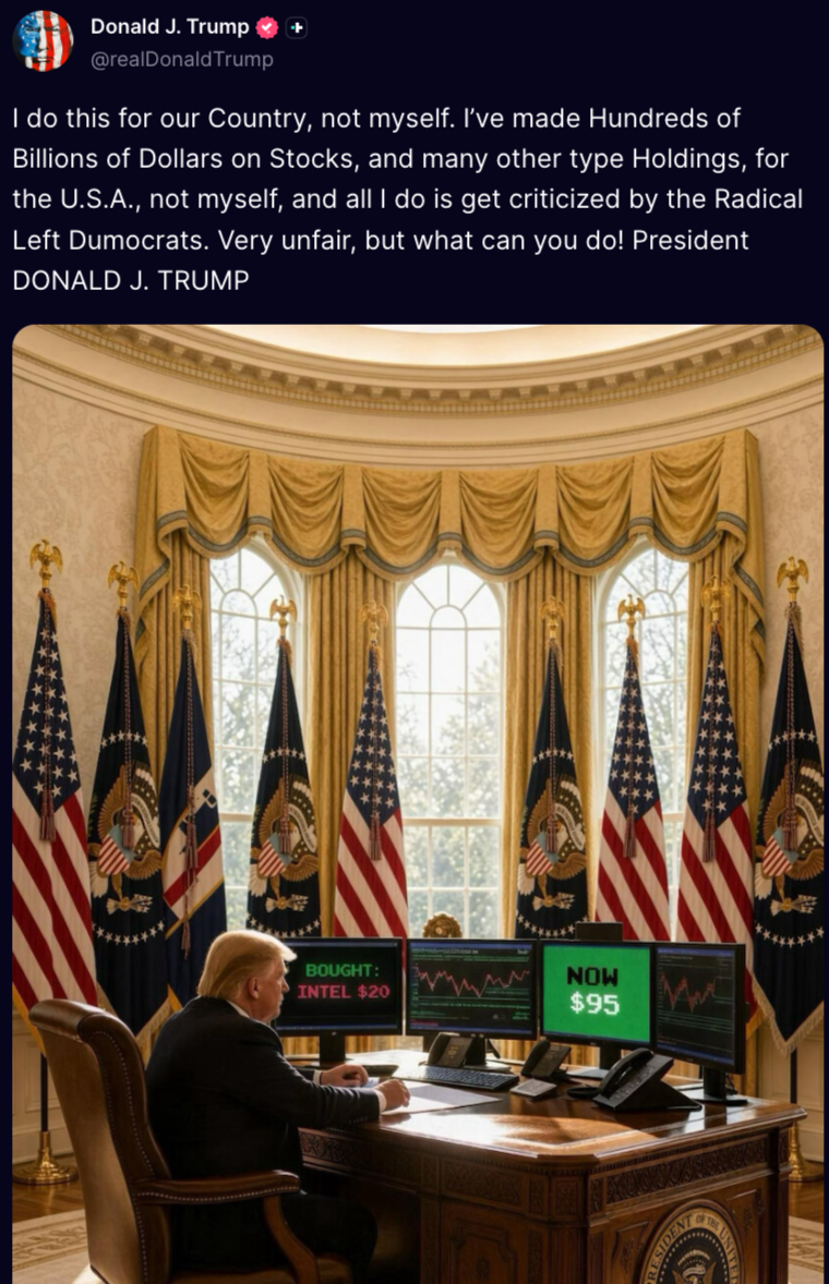 Trump Again Touts Intel Stock Gains in AI Image, Claims He Made ‘Hundreds of Billions'