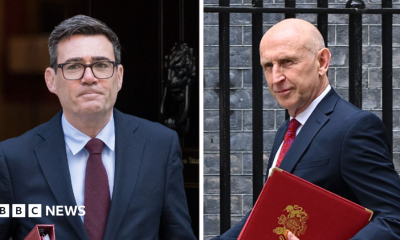 A split composite picture of Andy Burnham and John Healey, both in Downing Street carrying red folders.
