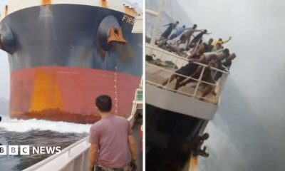 A split screen of a cargo ship heading in the direction of another fishing vessel, and on the right the fishing vessel tipping after being hit.