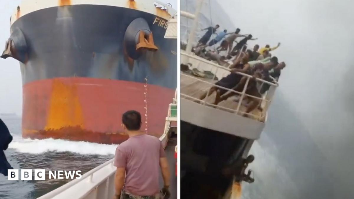 A split screen of a cargo ship heading in the direction of another fishing vessel, and on the right the fishing vessel tipping after being hit.