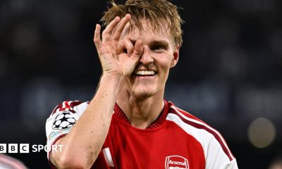 Martin Odegaard celebrates scoring the winner for Arsenal against Napoli in the Champions League