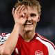 Martin Odegaard celebrates scoring the winner for Arsenal against Napoli in the Champions League