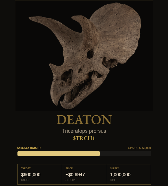 Tokenized dinosaur skull raise dashboard for Deaton on Solana
