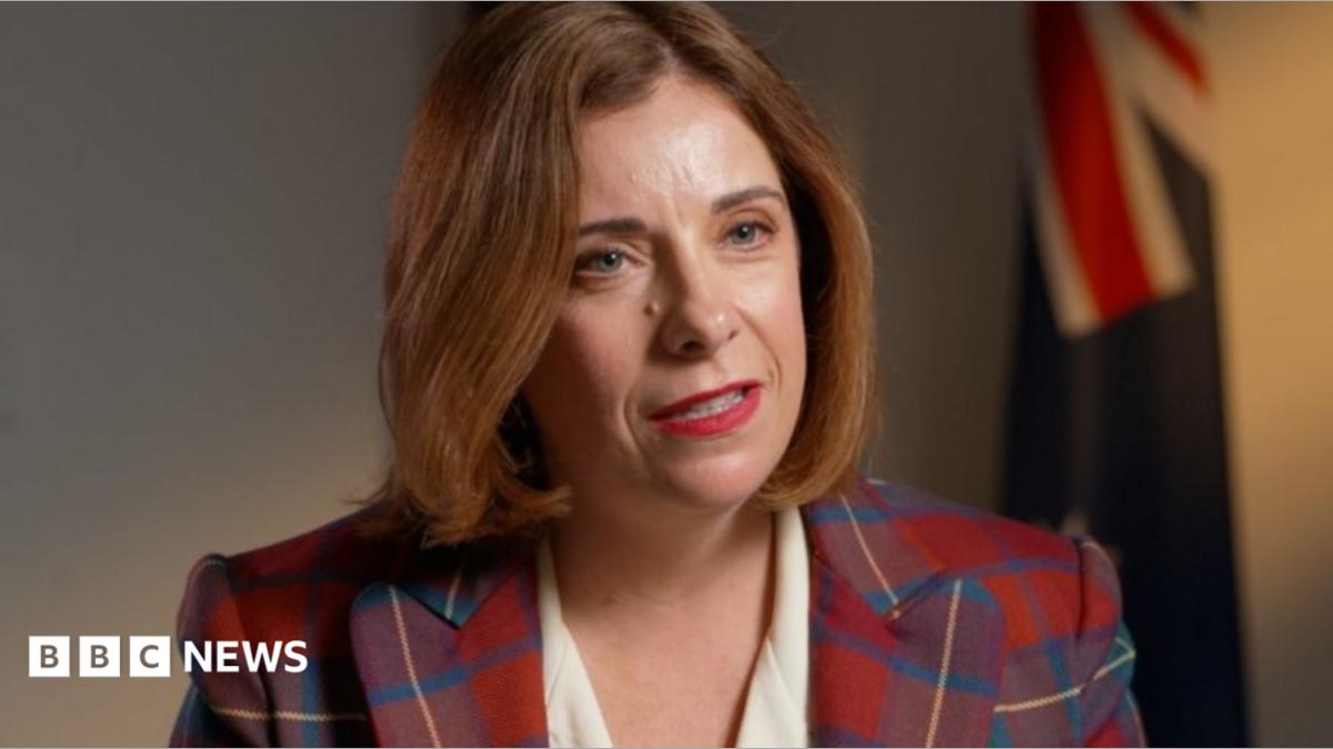 A woman in a tartan jacket and white dress speaks. Several flags can be seen in the background