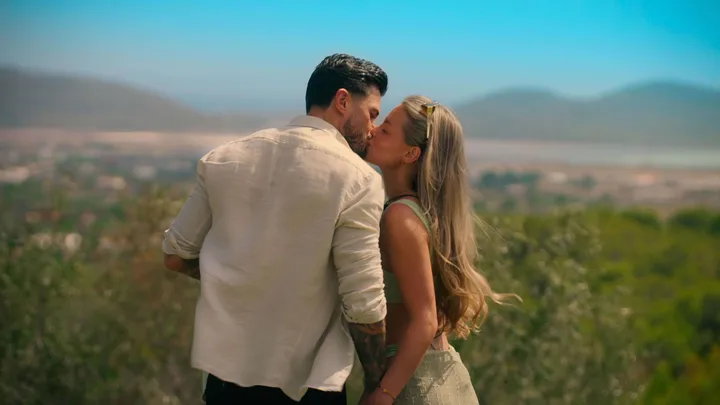 Love is Blind UK couple Taylor and Sophie share a kiss on their first holiday to Ibiza