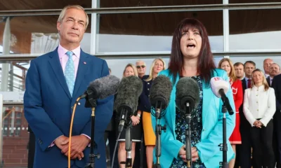 The new Welsh Reform UK Leader Helen Jenner speaks on the steps of the Sennedd beside Reform UK leader Nigel Farage, on September 21, 2026