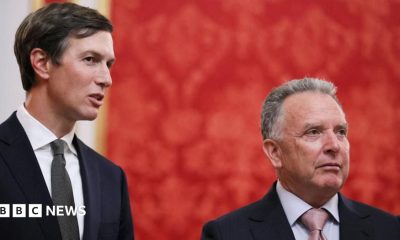 Jared Kushner, U.S. President Donald Trump's son-in-law, and U.S. Special Envoy Steve Witkoff wait before a meeting with Russian President Vladimir Putin at the Kremlin in Moscow, Russia