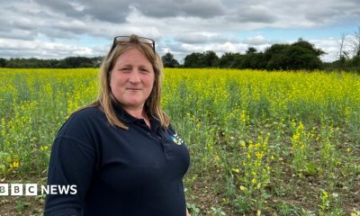 Farmer Debbie Wilkins is pictured standing in a field full of yellow flowers on a cloudy but sunny day. She has long blonde hair and a pair of sunglasses is perched on her head. She is wearing a navy blue polo shirt.