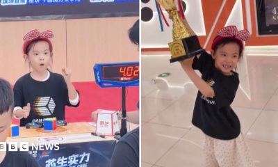 A split screen of a young girl winning a Rubik's Cube competition.