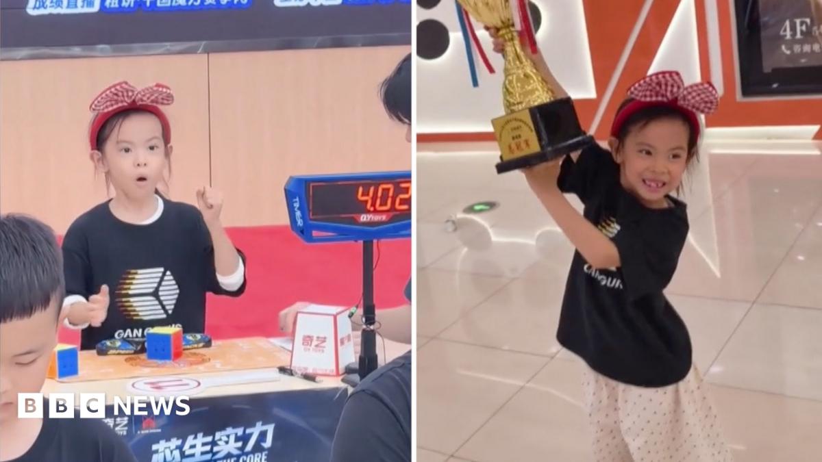 A split screen of a young girl winning a Rubik's Cube competition.