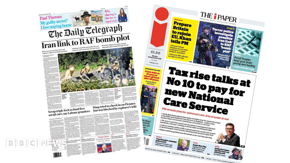 The headline on the front page of the Daily Telegraph reads: “Iran link to RAF bomb plot”.