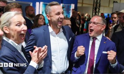 Top candidate of the far-right Alternative for Germany (AfD), Ulrich Siegmund, with party co leaders Alice Weidel and Tino Chrupalla, reacts after polls closed, on the day of the Saxony-Anhalt state elections