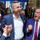 Top candidate of the far-right Alternative for Germany (AfD), Ulrich Siegmund, with party co leaders Alice Weidel and Tino Chrupalla, reacts after polls closed, on the day of the Saxony-Anhalt state elections