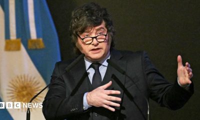 Argentina's President Javier Milei delivers a speech