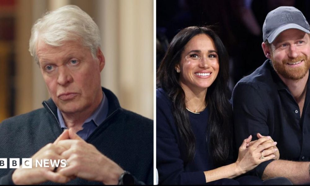 Harry and Meghan split screen with Earl Spencer