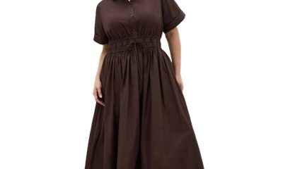 WOMAN WEARS BROWN SHIRT DRESS