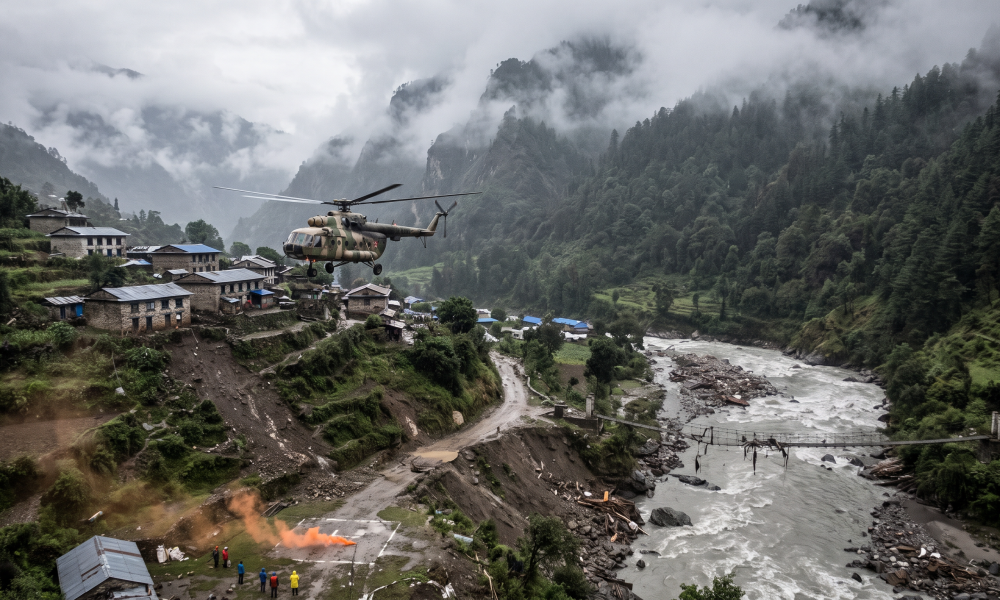 A rescue helicopter flying low over a flood-damaged mountain village in Nepal