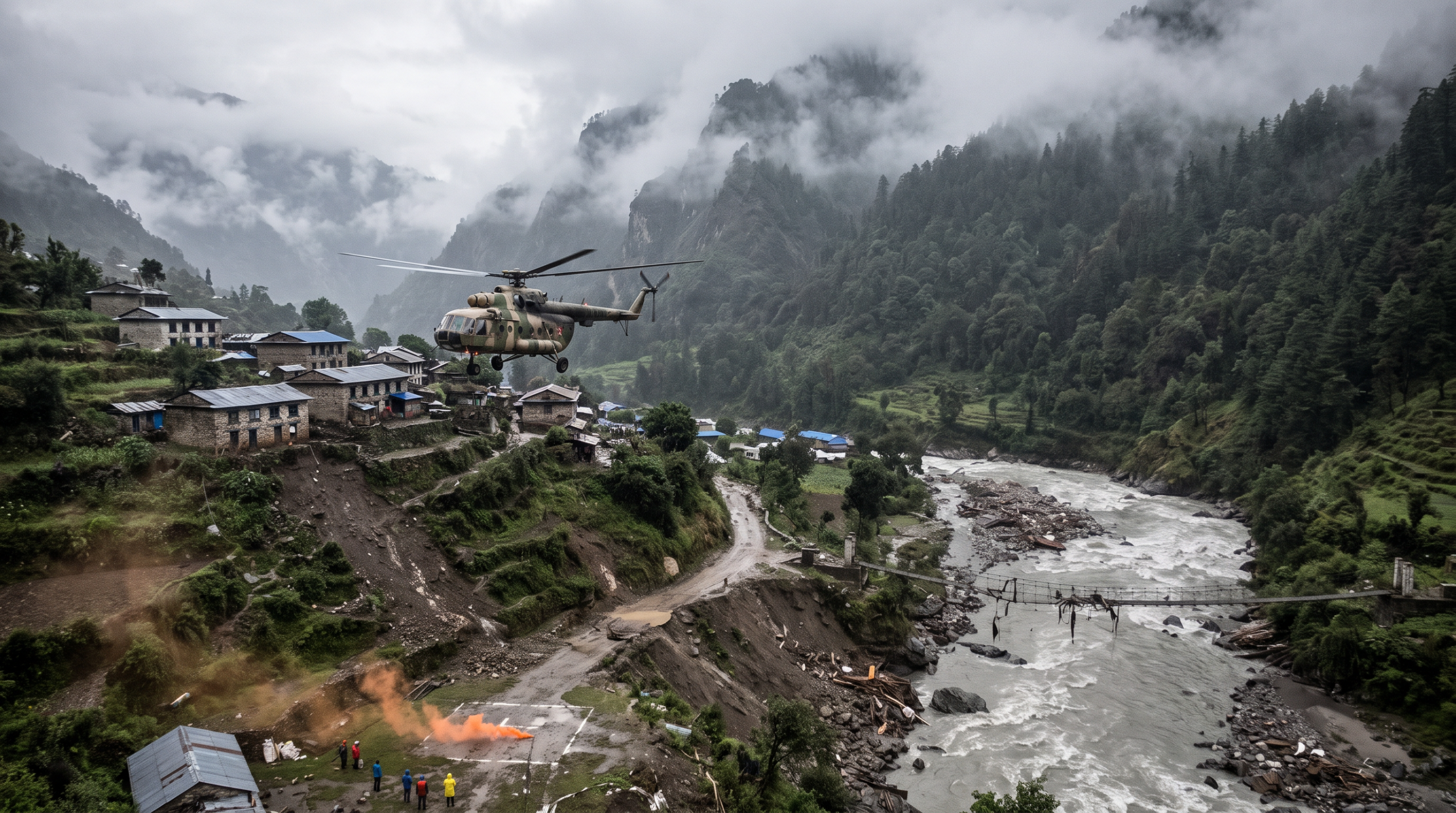 A rescue helicopter flying low over a flood-damaged mountain village in Nepal