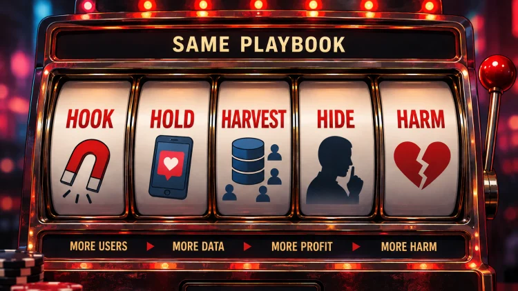 Hook, Hold, Harvest, Hide: how social media learned from gambling