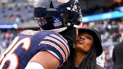 Jonathan Owens Gives Sweet Cheek Kiss to Simone Biles Ahead of Chicago Bears Home Game