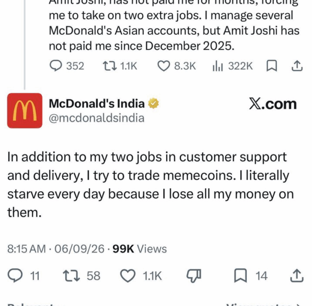 McDonald's India 'intern' says memecoins left them starving
