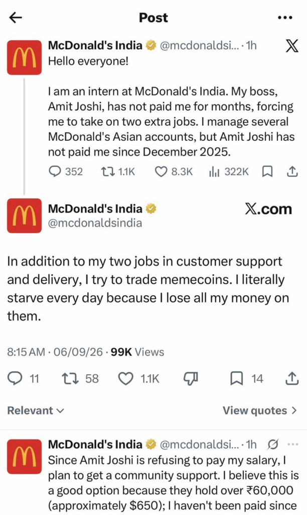 McDonald's India 'intern' says memecoins left them starving