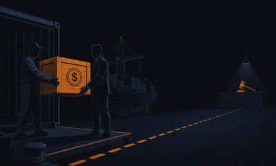 Editorial illustration of an equity deal crate handed over at a dock while a gavel sits in shadow, symbolizing Binance's stake in Circle amid a reported federal probe