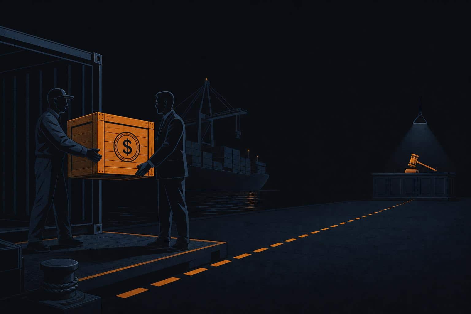 Editorial illustration of an equity deal crate handed over at a dock while a gavel sits in shadow, symbolizing Binance's stake in Circle amid a reported federal probe